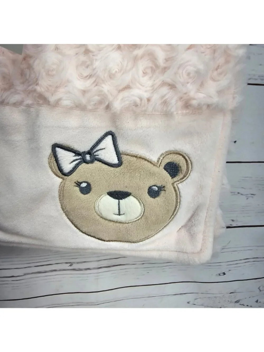 Le Top Bébé Pink Swirl Plush Baby Blanket With Embroidered Bear Design - Soft